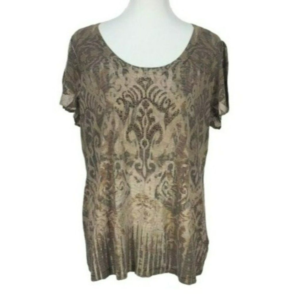B.L.E.U.Woman's Aztec Brown Metallic Short‎ Sleeve Blouse Size 1X